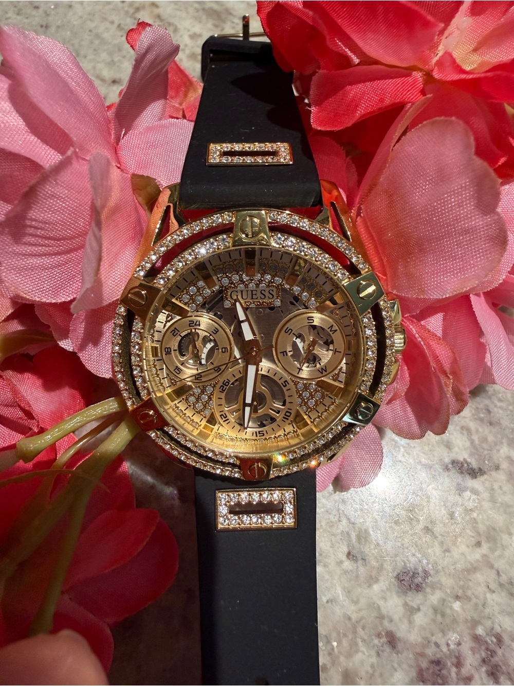 Guess Gold-Tone Chronograph Watch with Black Silicone Strap - Picture 4 of 7